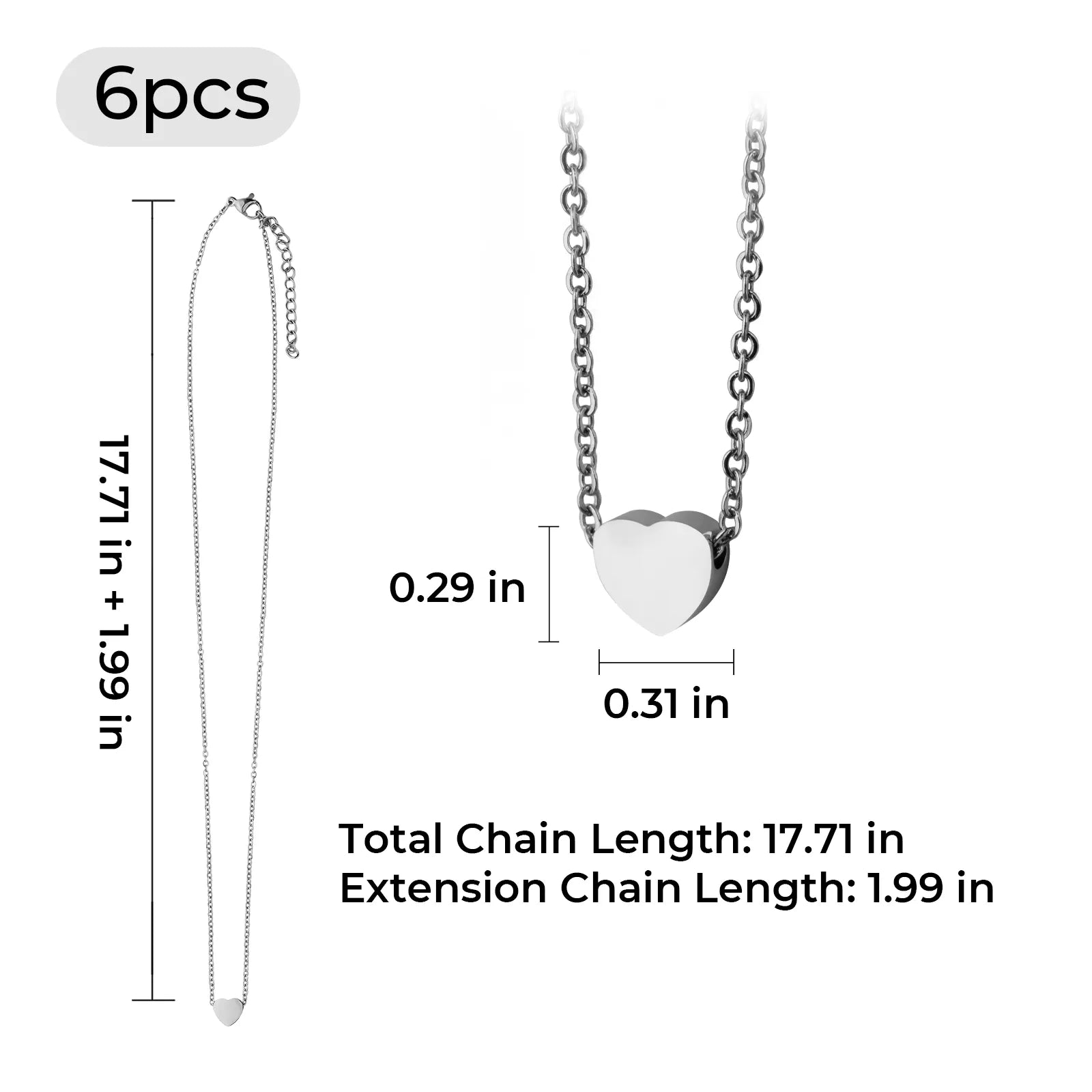 Stainless Steel Heart Necklace (6pcs) for Laser Engraving